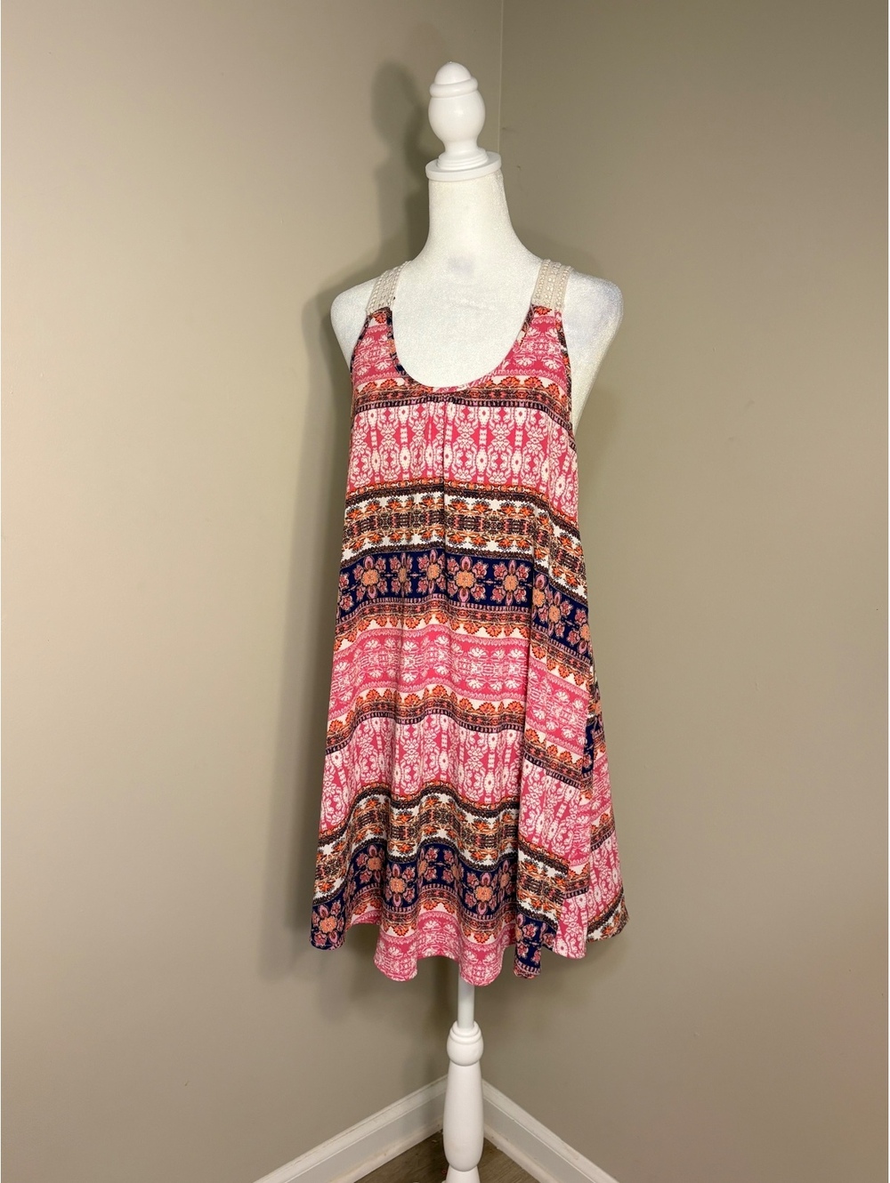 Lush Crochet Pink Midi Dress Bohemian Hippie Maximalist Flowy Summer Sleeveless